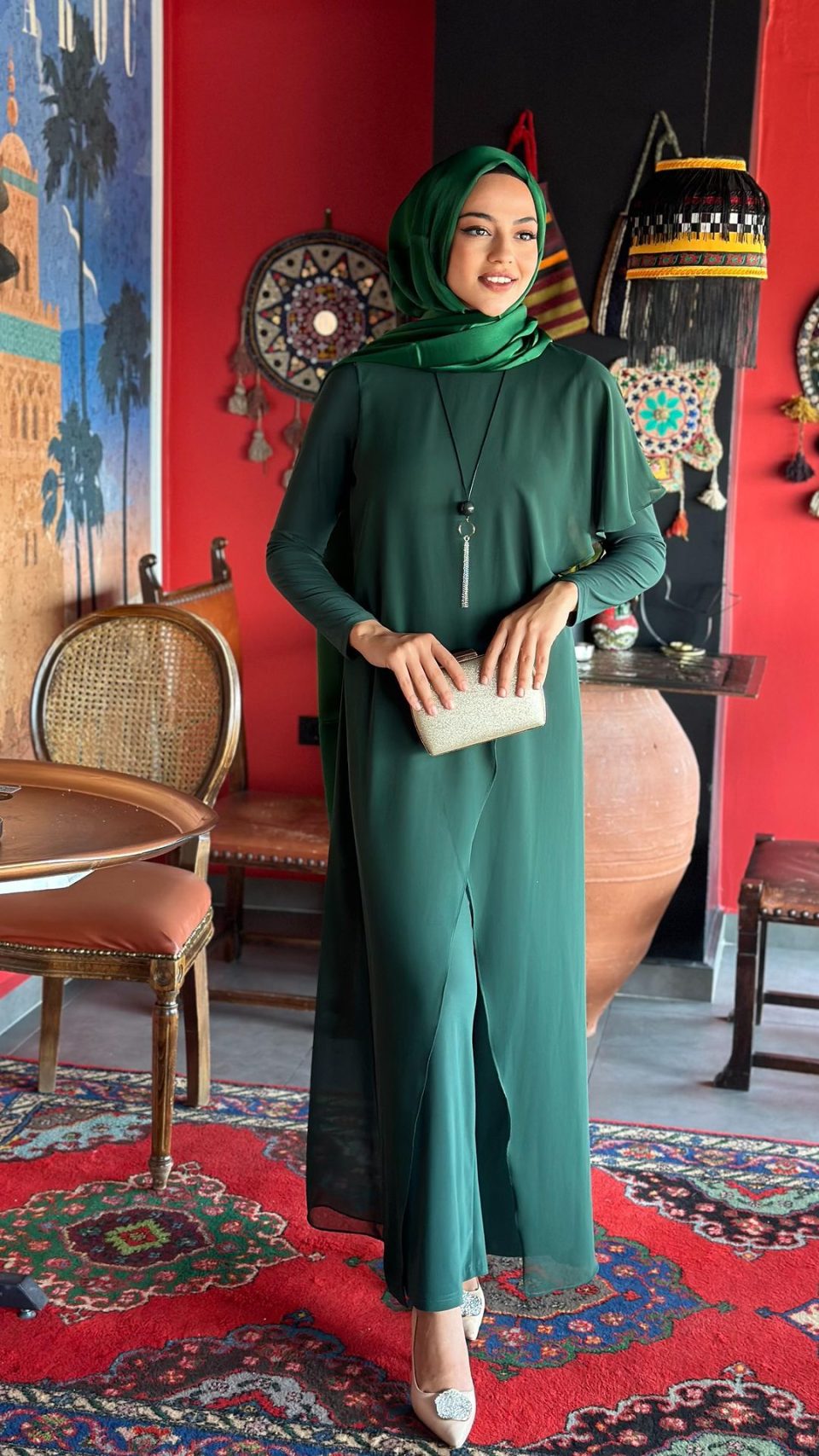 Şifon Abiye Tulum Zümrüt Yeşili / Siyah