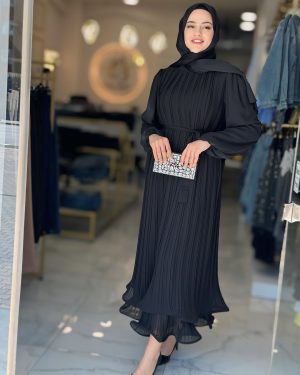 piliseli-sifon-elbise-bej-siyah2