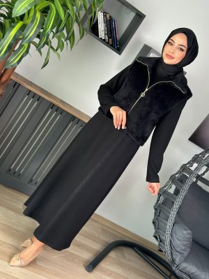 oysho-kumas-elbise-kurk-yelekli-takim-kahve-siyah-2