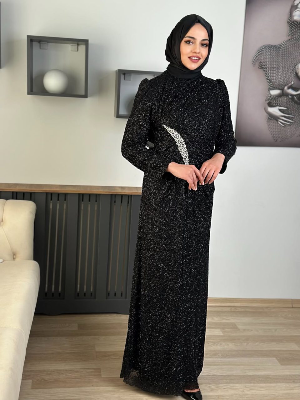 Drapeli Belden Taşlı Abiye Siyah