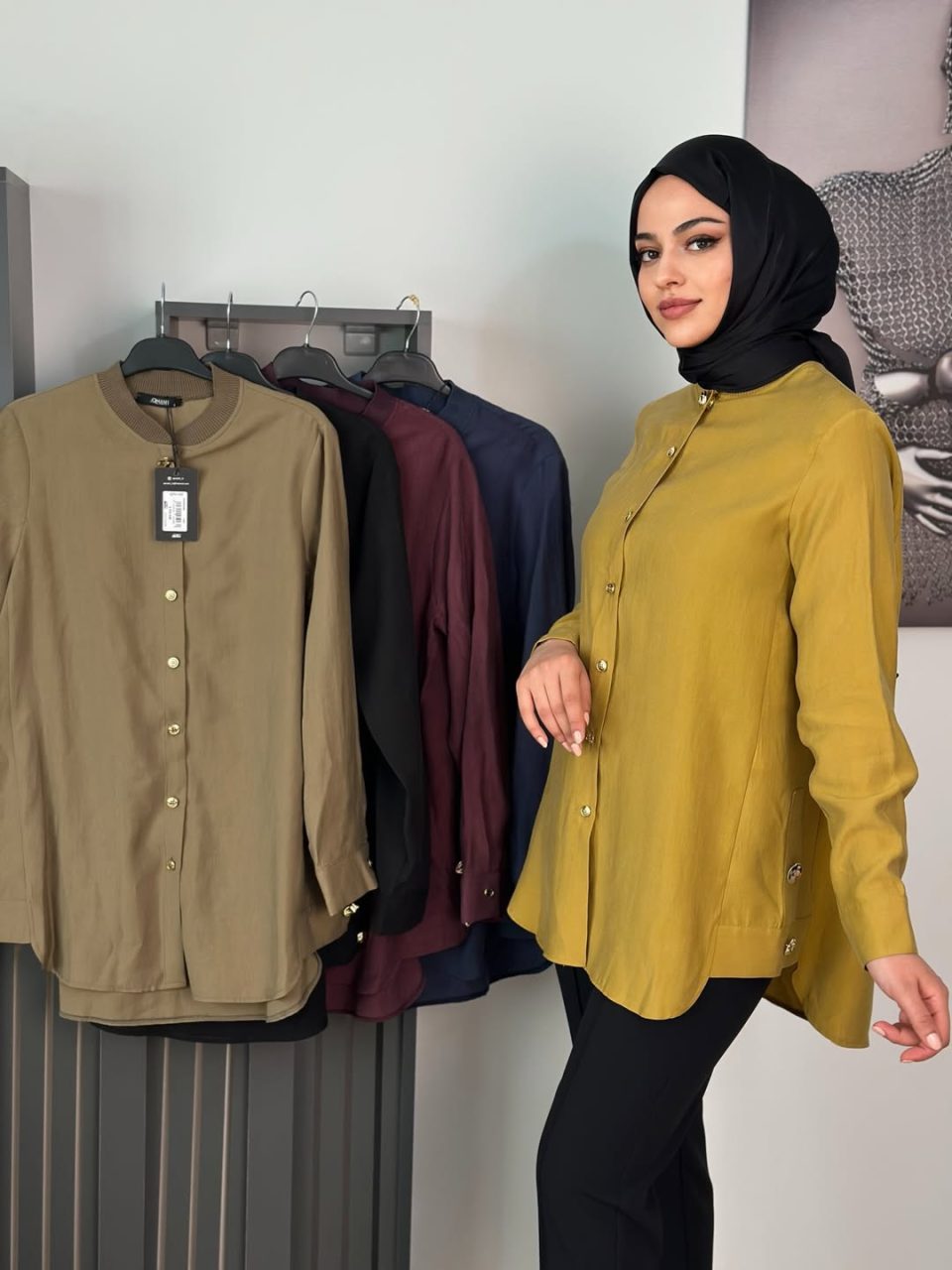 Hakim Yaka Gold Düğme Detaylı Asimetrik Gömlek - Hardal / Siyah / Bordo / Lacivert / Çağla Yeşili