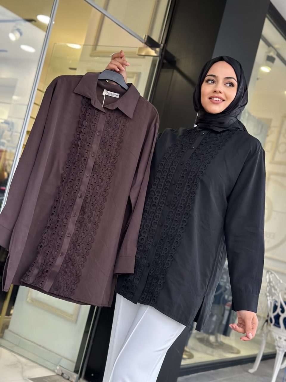 Motifli Tensel Gömlek - Siyah / Kahve