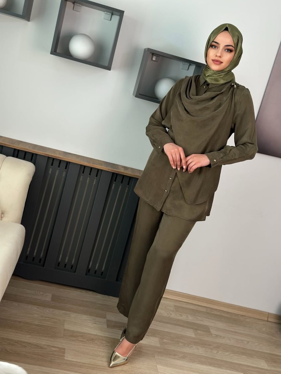 Qupra Kumaş Şal Model İkili Takım - Siyah / Haki