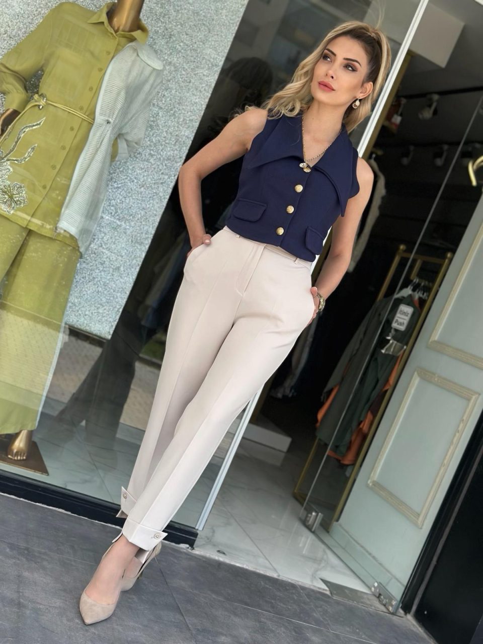 Düğmeli Duble Paça Kumaş Pantolon - Siyah / Beyaz / Kahve / Taş