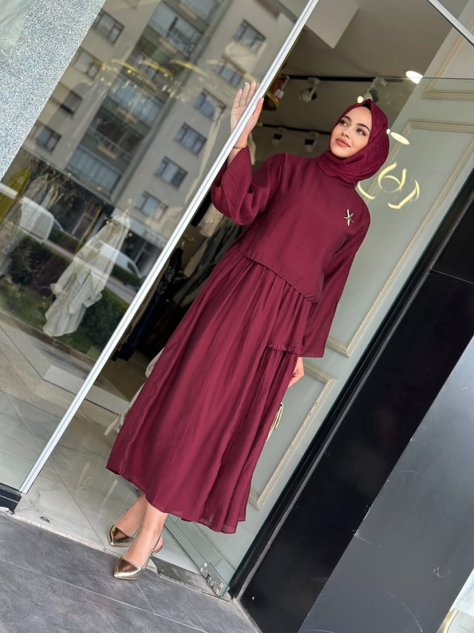 Şifon Krep Dokulu Etekli Takım Bordo