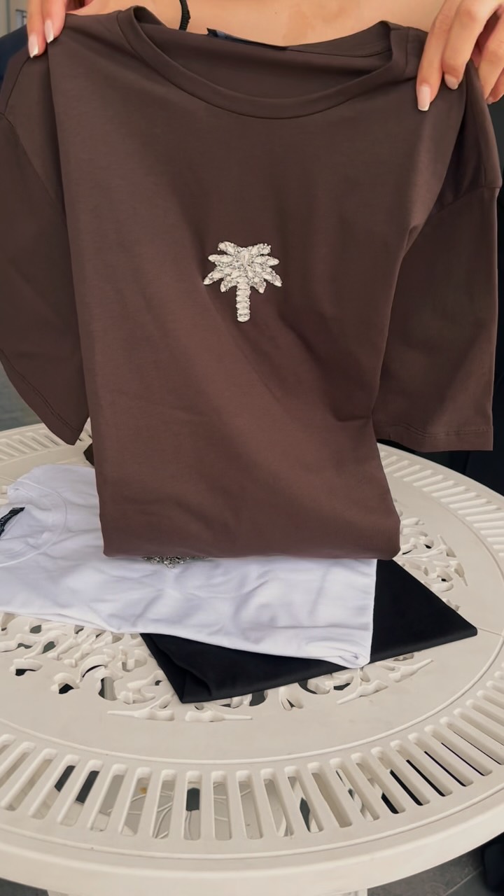 Taşlı Palmiye Tişört - Kahve / Beyaz / Siyah