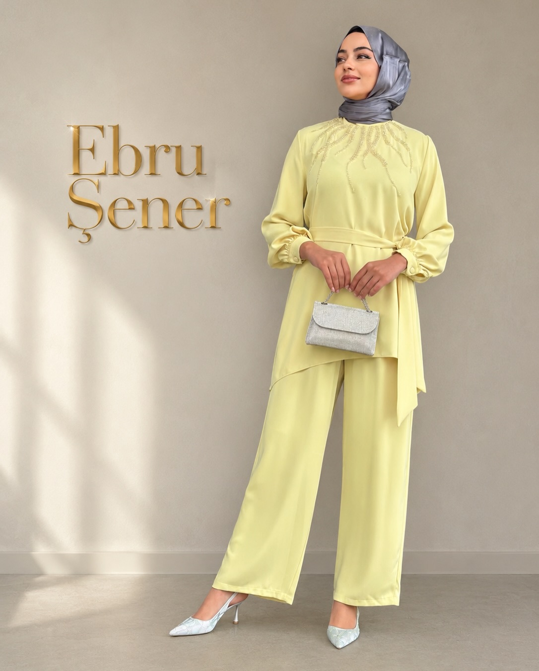 Asimetrik Kesim Boncuk İşlemeli Takım Sarı