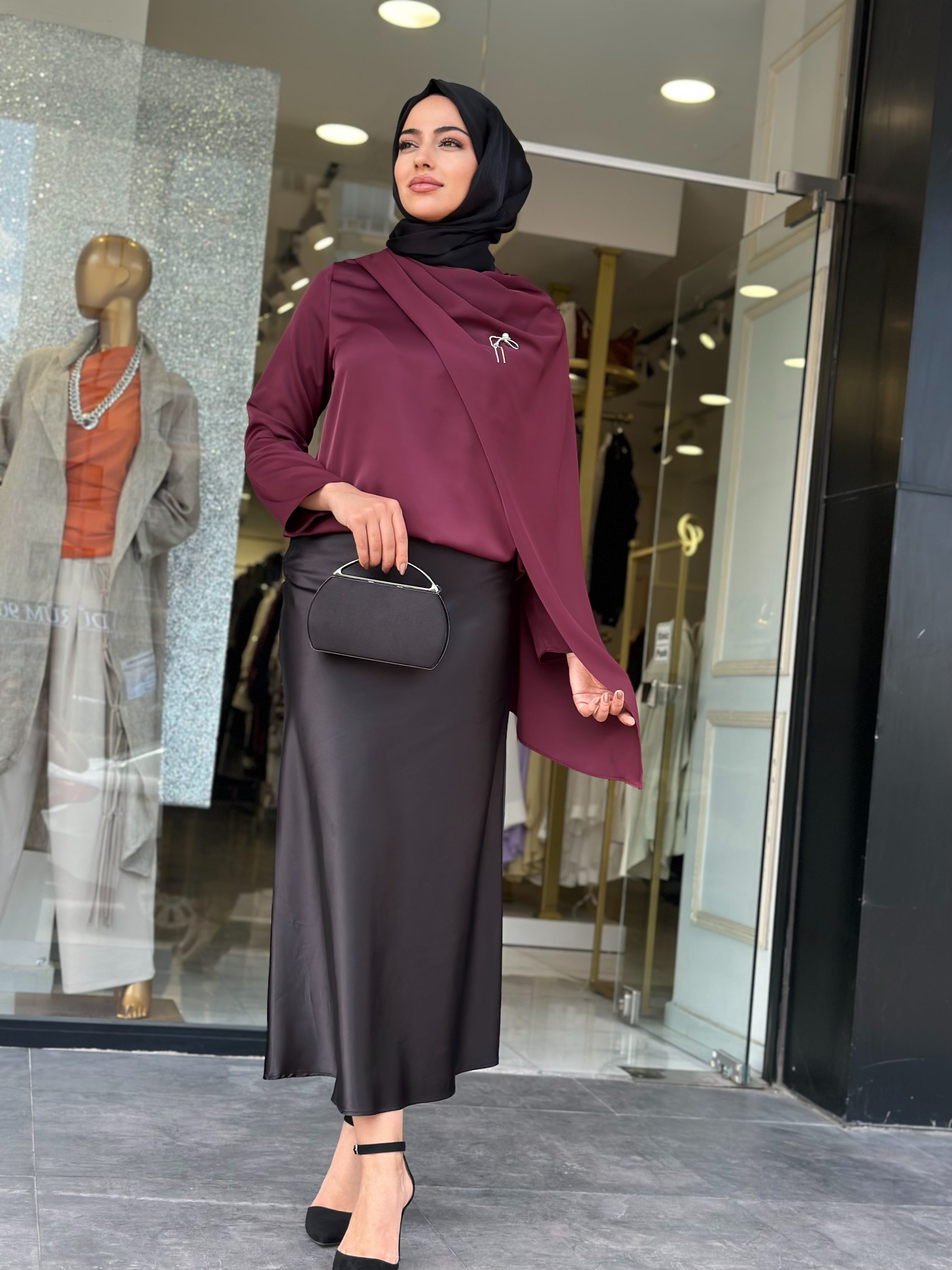 Saten Kumaş Şal Yaka Tunik Bordo