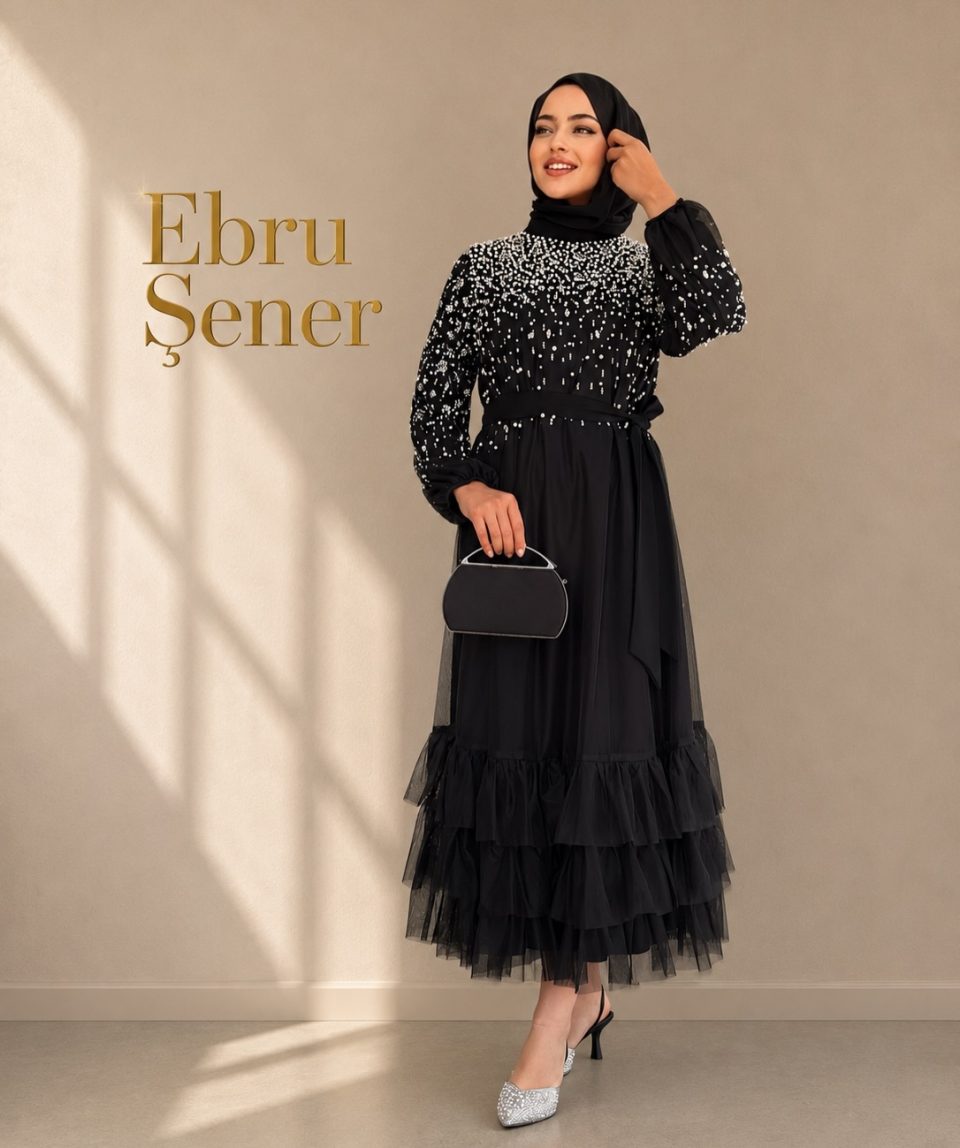 Taş Detaylı Tül Elbise Siyah