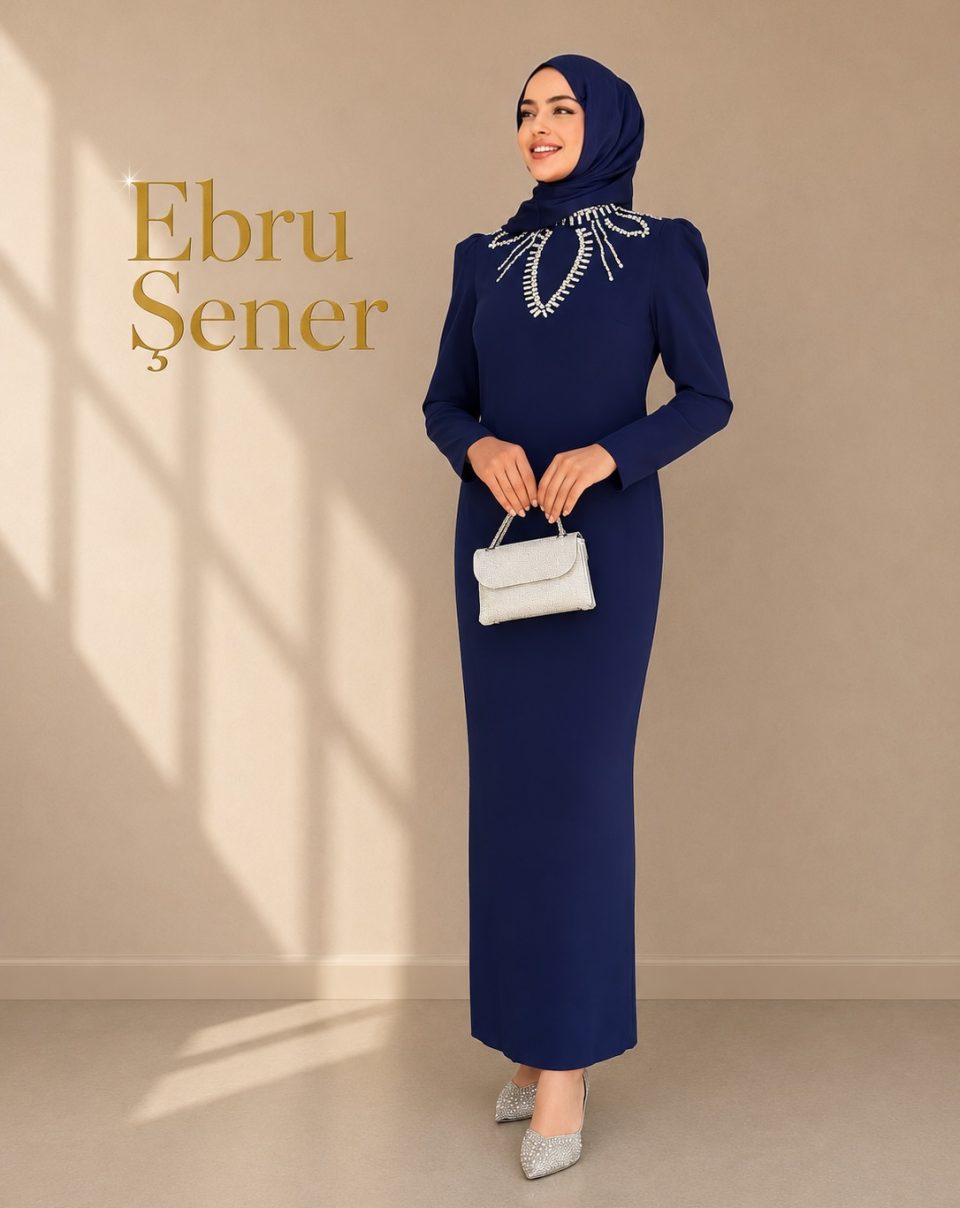 Taş İşlemeli Kalem Elbise Lacivert