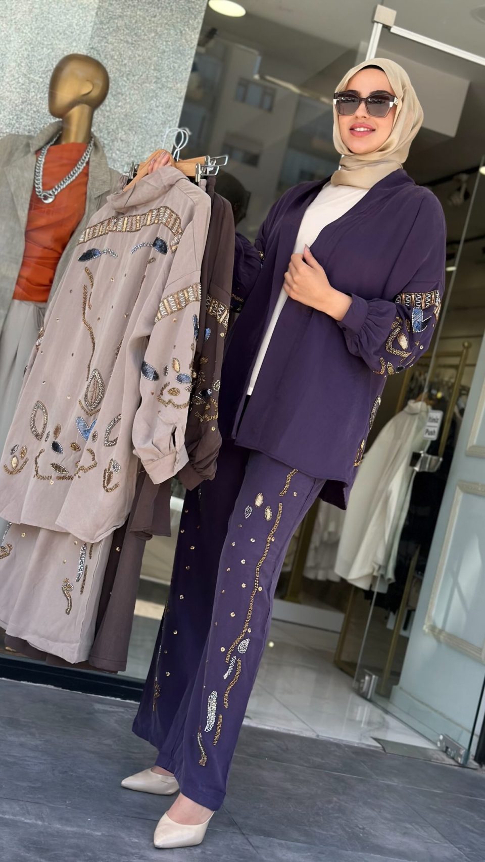 Tensel Boncuk İşlemeli Kimono Takım - Bej / Kahve / Mor