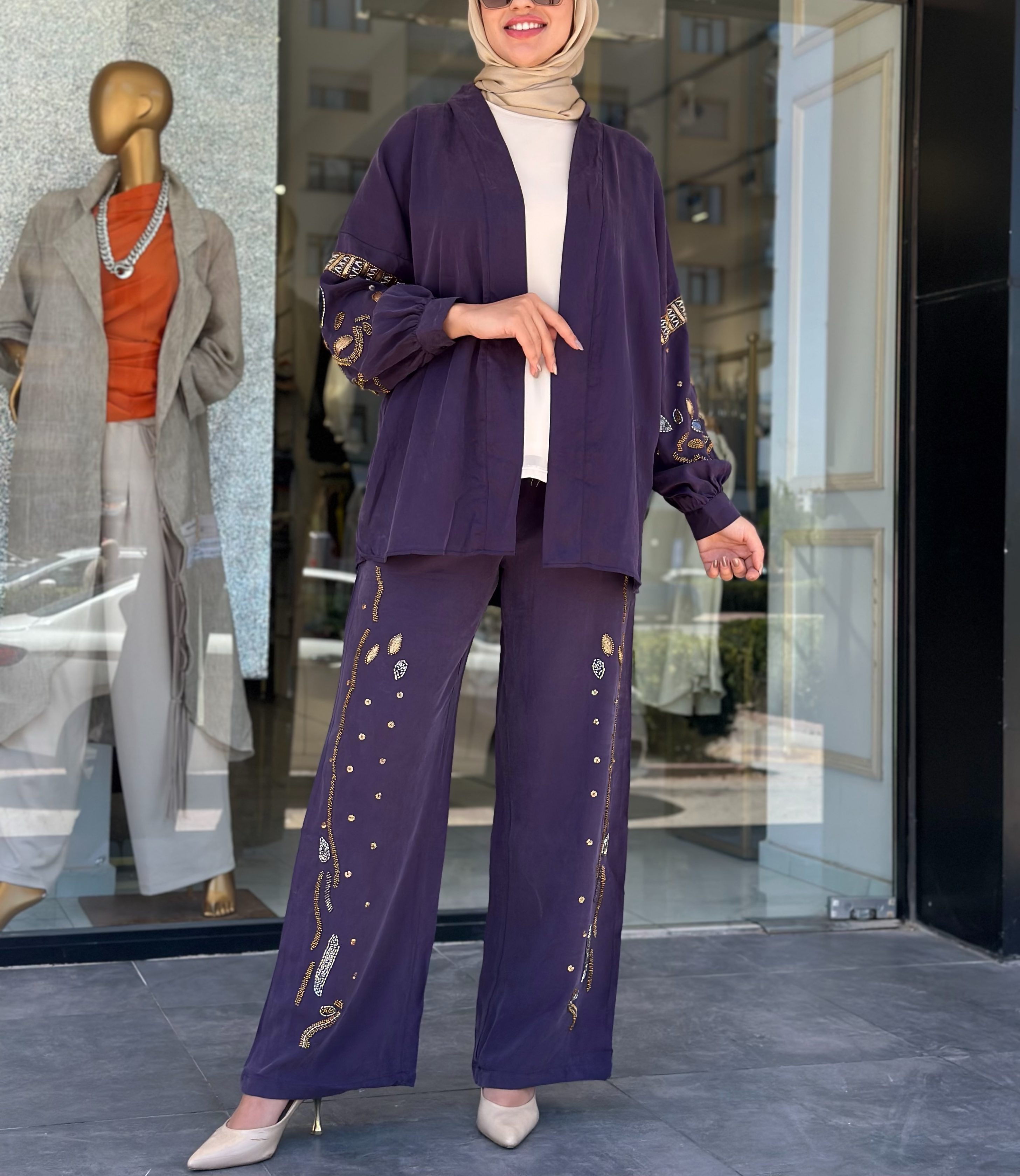 Tensel Boncuk İşlemeli Kimono Takım - Bej / Kahve / Mor
