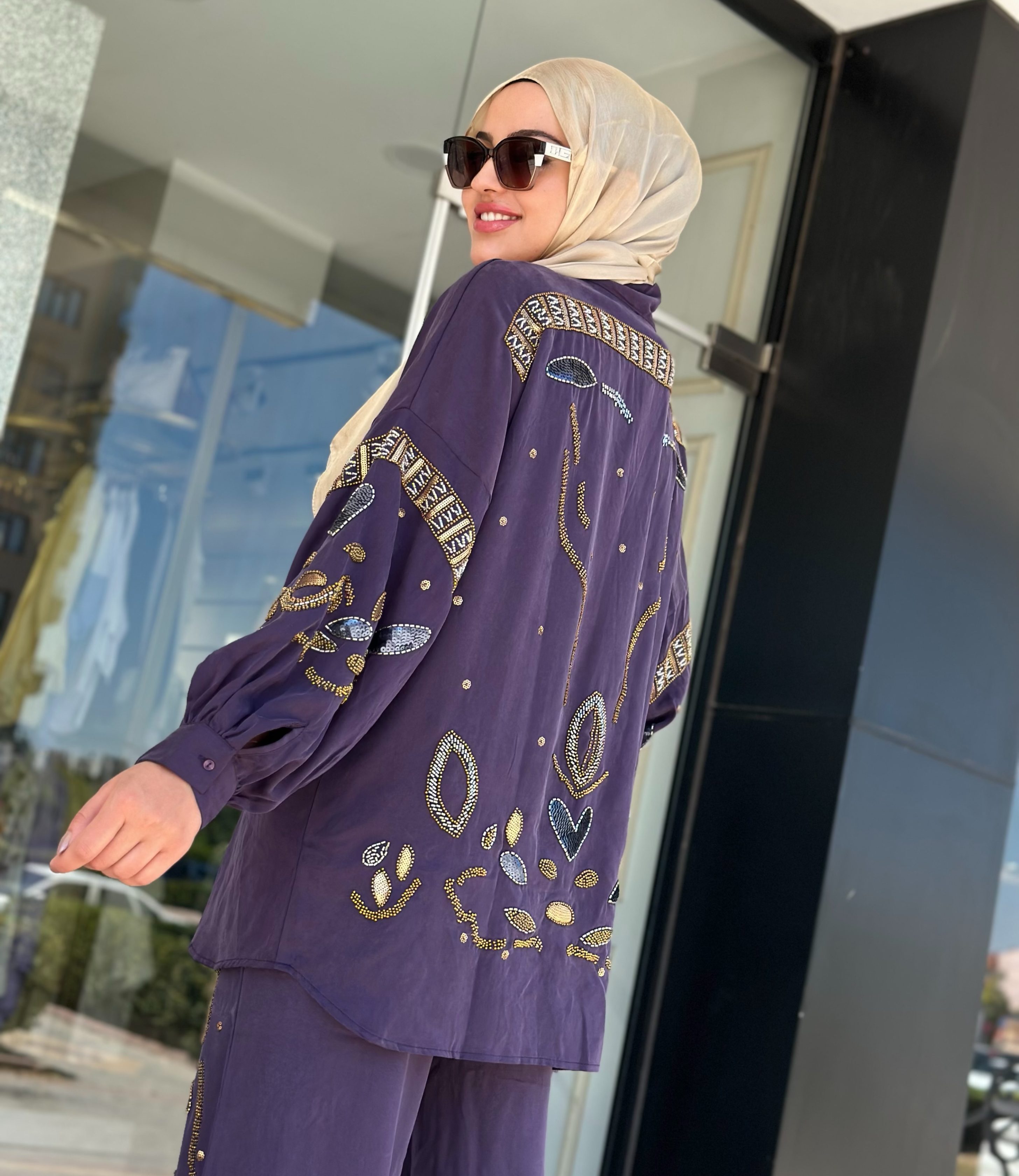 Tensel Boncuk İşlemeli Kimono Takım - Bej / Kahve / Mor