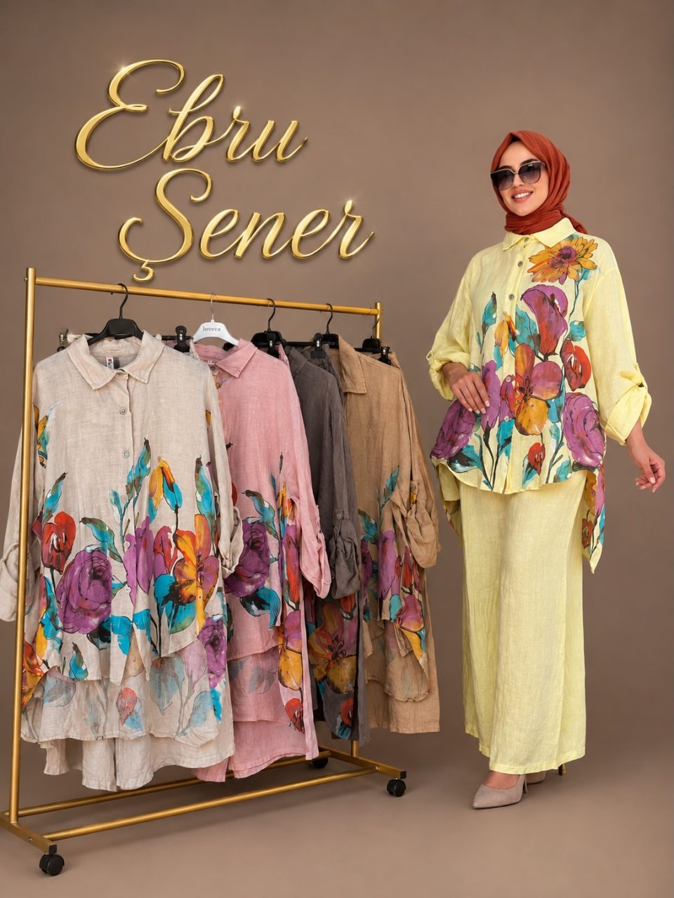 Çiçekli İthal Takım - Taş / Pudra / Kahve / Vizon / Sarı