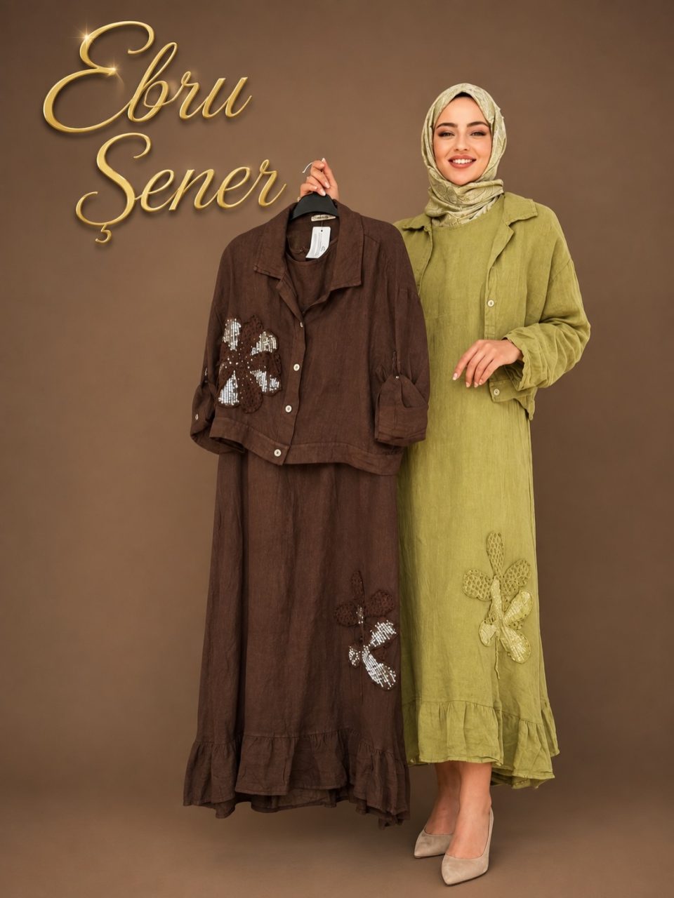 İthal Keten Motifli Elbise - Kahve / Yeşil / Pudra / Lacivert / Vizon / Camel / Siyah