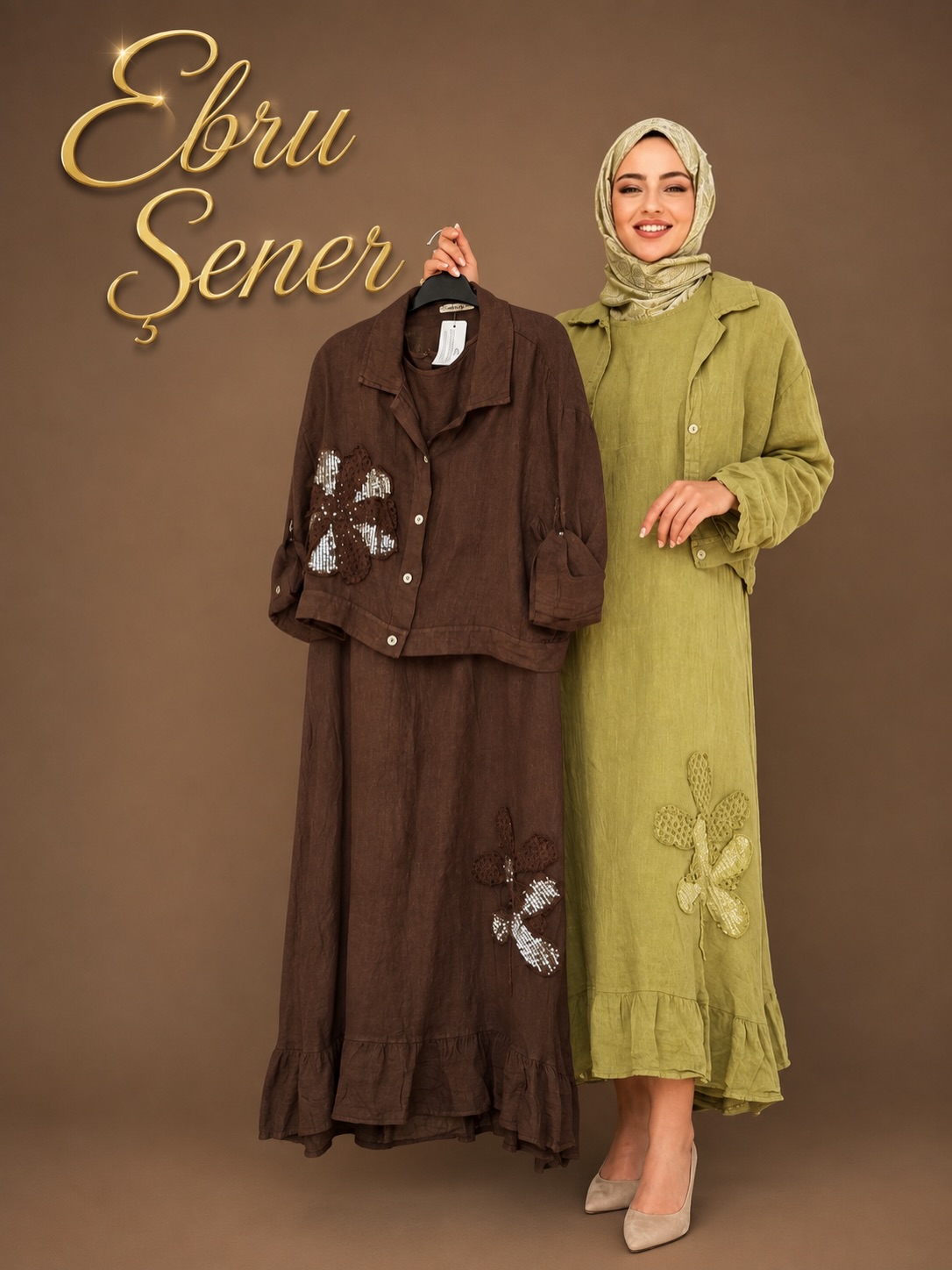 İthal Keten Motifli Elbise - Kahve / Yeşil / Pudra / Lacivert / Vizon / Camel / Siyah