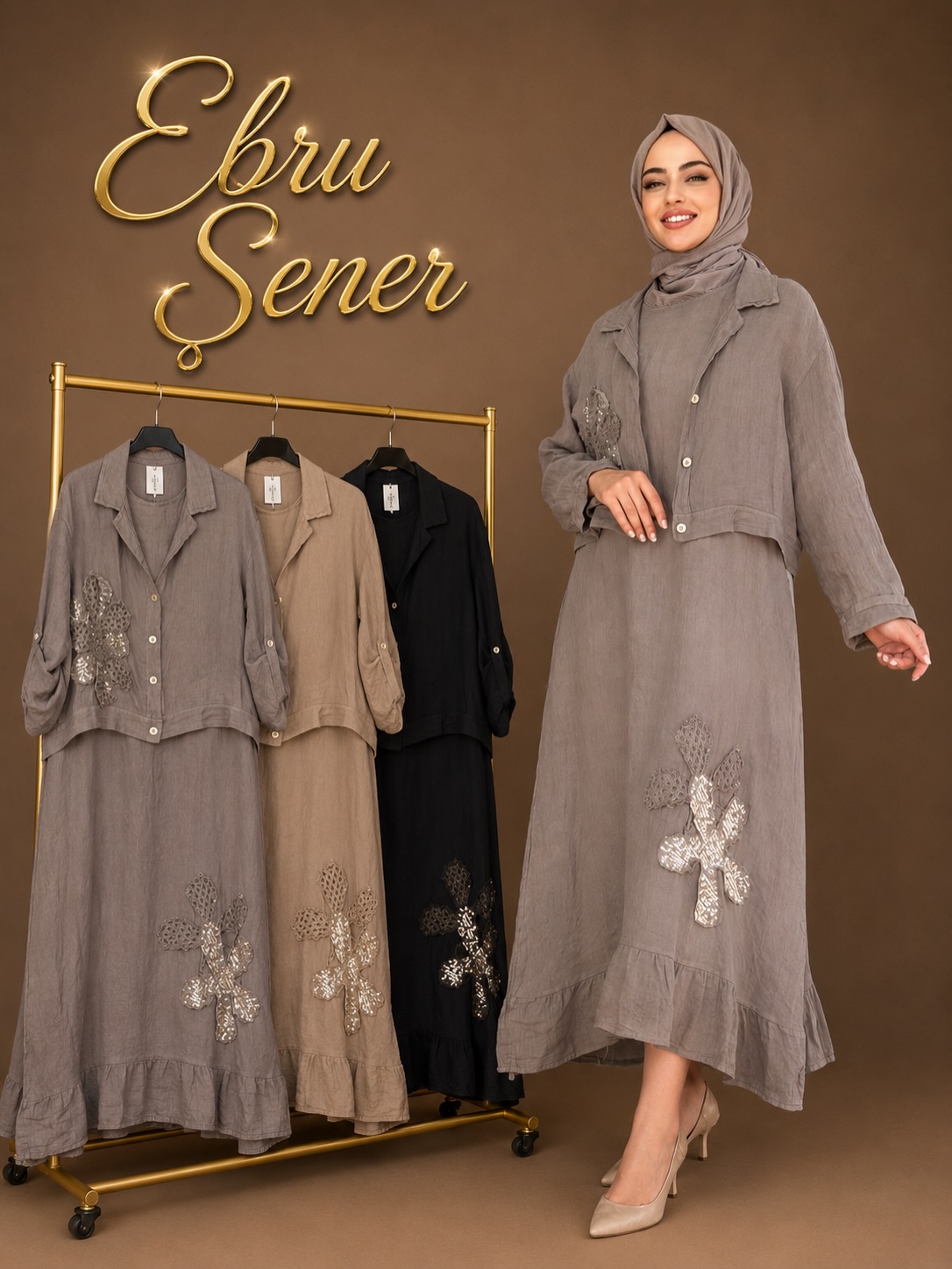 İthal Keten Motifli Elbise - Kahve / Yeşil / Pudra / Lacivert / Vizon / Camel / Siyah