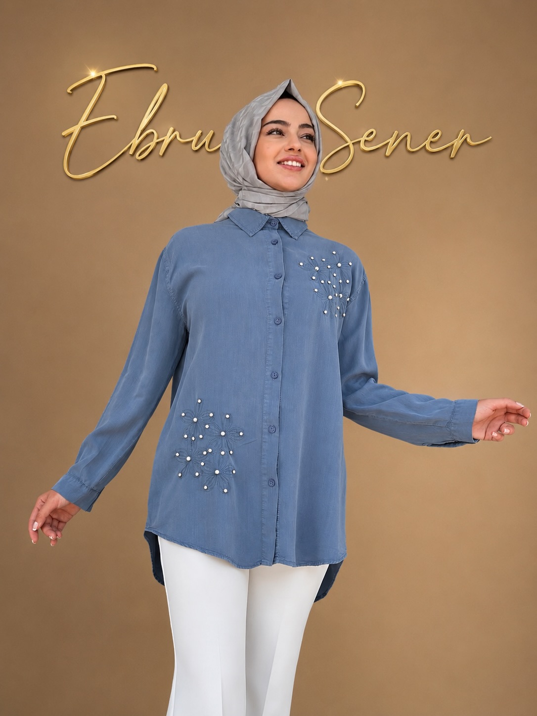 Tensel Taş Detaylı Gömlek - Mavi / Sarı