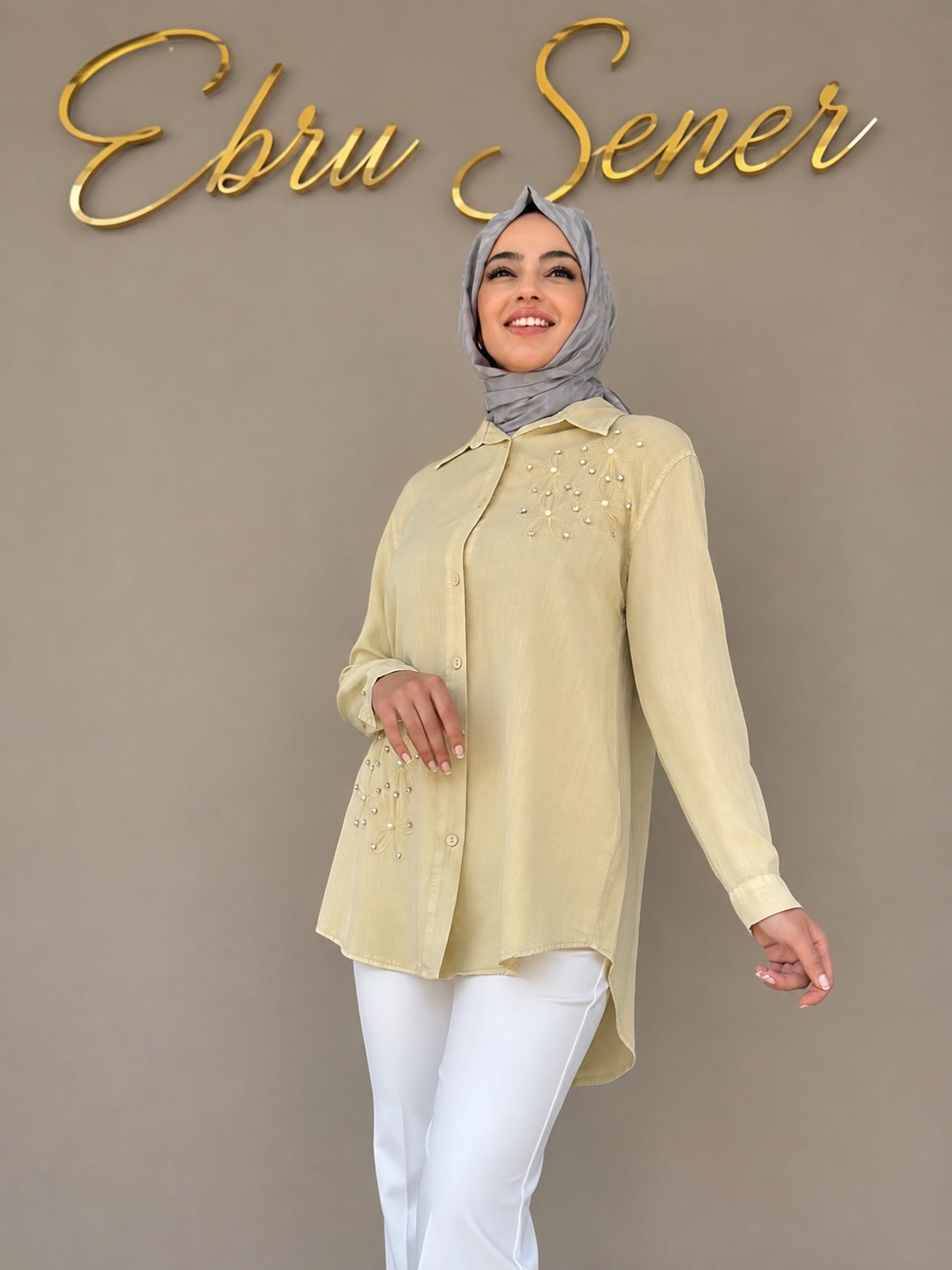 Tensel Taş Detaylı Gömlek - Mavi / Sarı