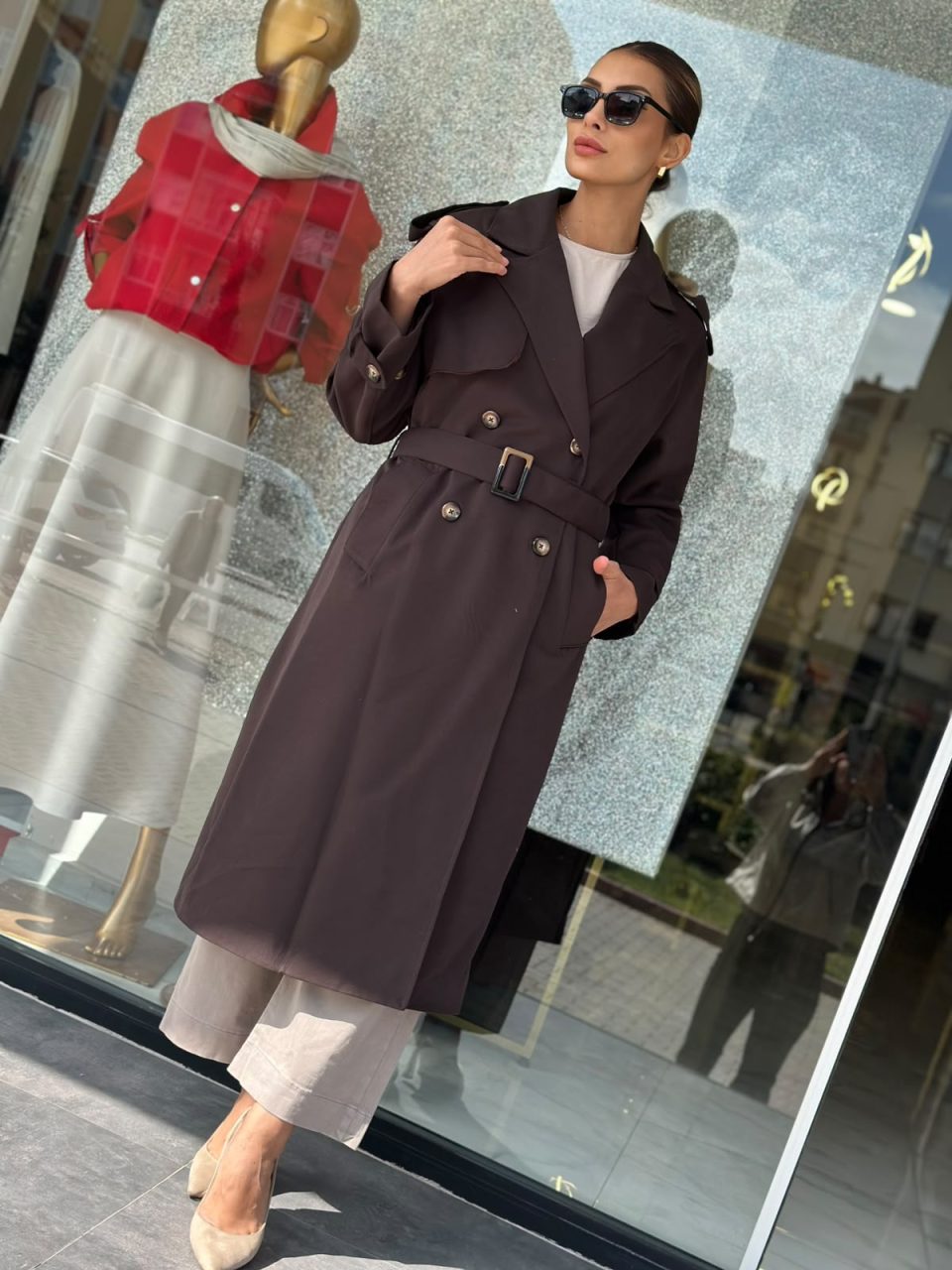 4 Düğmeli Oversize Trençkot - Siyah/Kahve/Taş