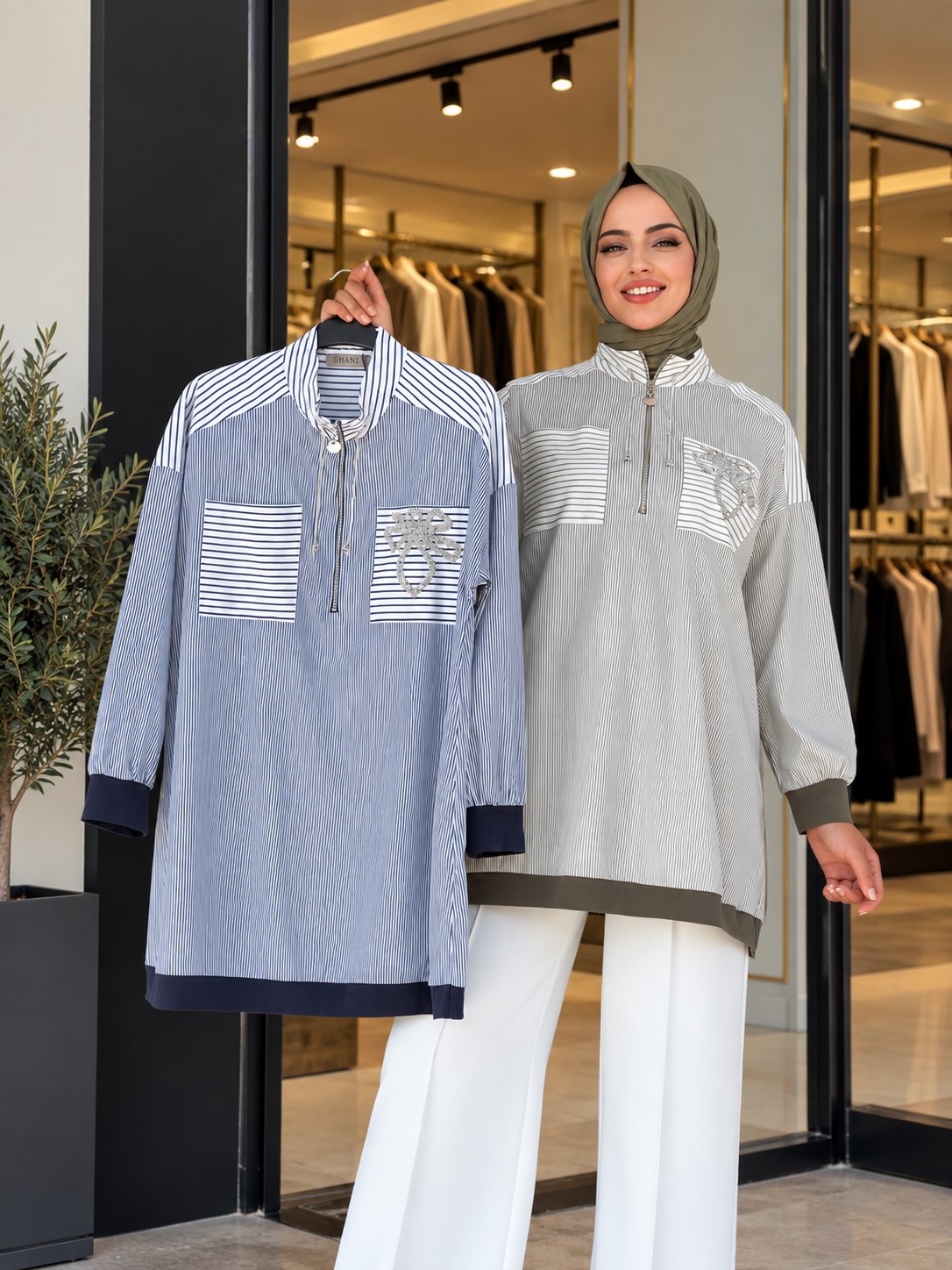 Çizgili Yarı Fermuarlı Tunik - Mavi / Yeşil