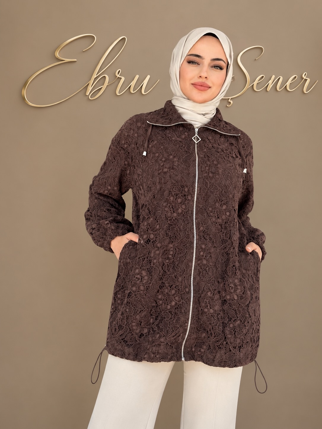 Fermuarlı Güpür Ceket Kahve