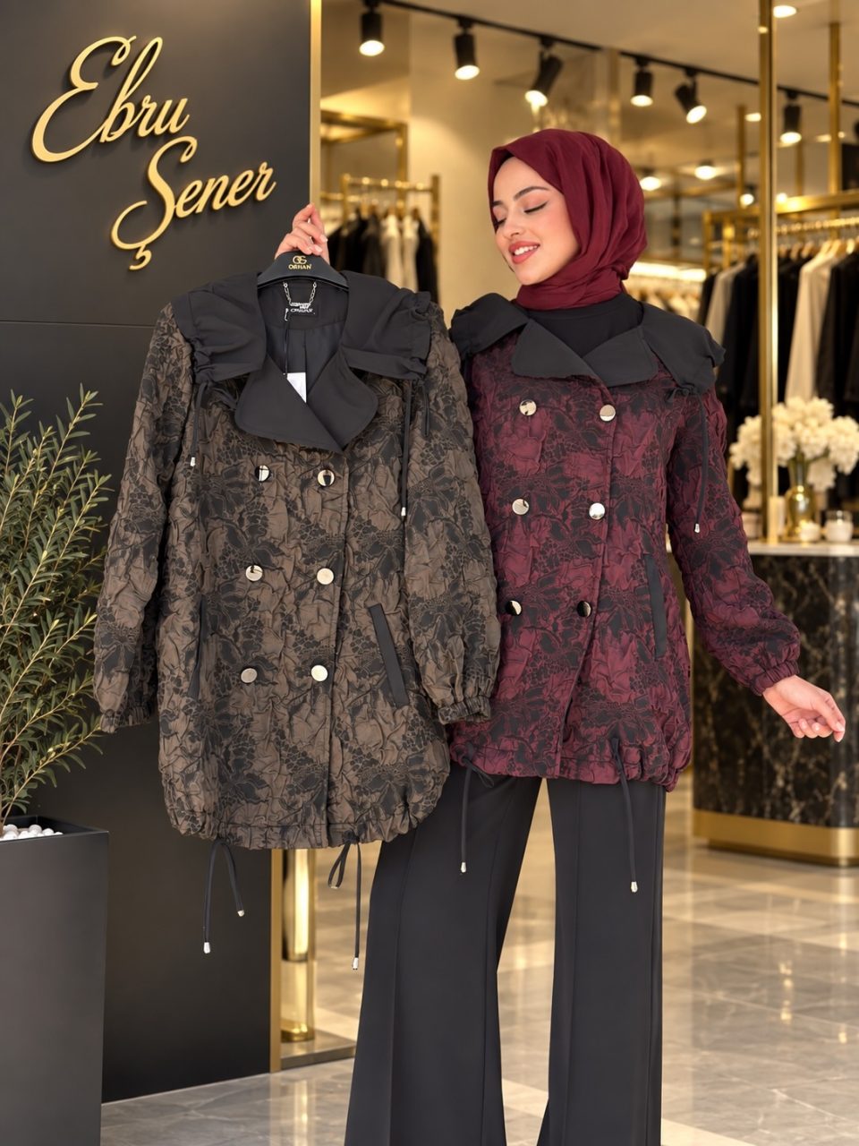Jakarlı İçi Astarlı Ceket - Kahve/Bordo
