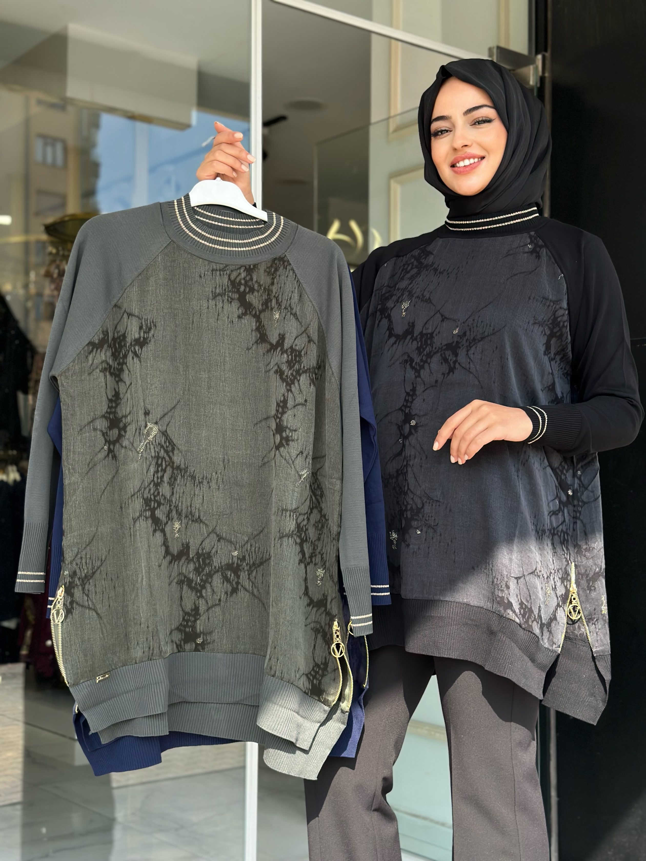 İpek Qupra Yanları Fermuarlı Triko Tunik - Siyah / Mavi / Haki