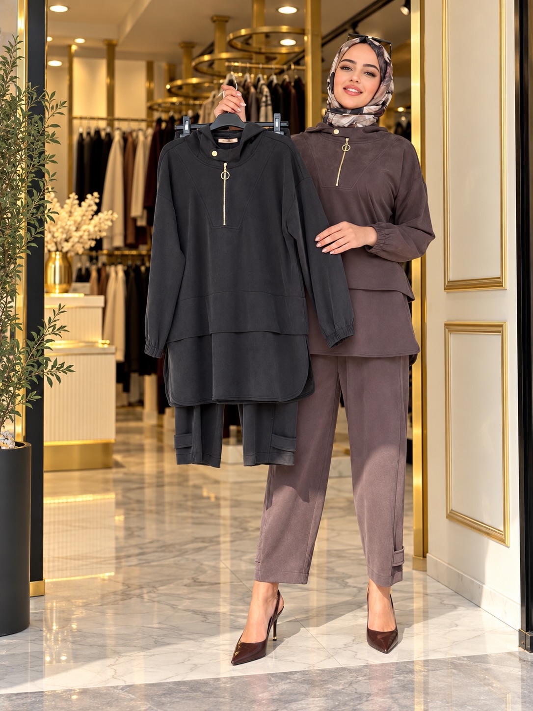 Liyosel Kumaş Spor Pantolonlu Takım - Mürdüm / Kahve / Lacivert / Siyah
