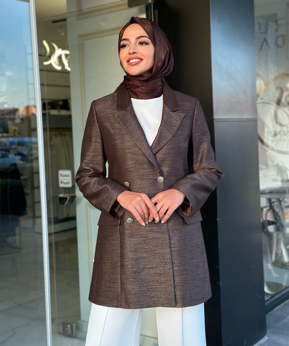 Slim Fit Düğmeli Tüvit Blazer Ceket - Kahve / Lacivert