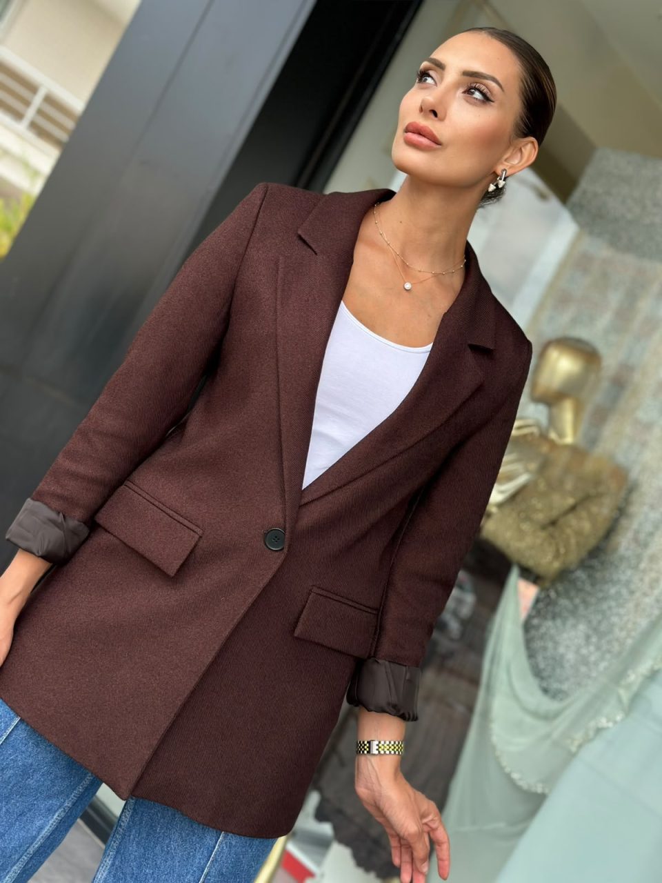 Slim Fit Kaşe Blazer Ceket Kahve